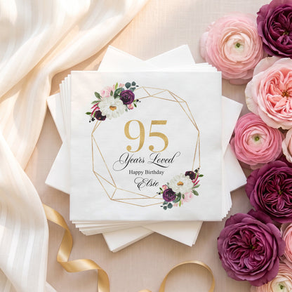 95th Birthday Napkins, Personalized 95 Years Loved - Pretty Gifted