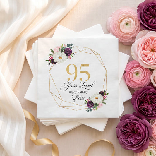 95th Birthday Napkins, Personalized 95 Years Loved - Pretty Gifted