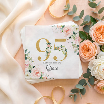 95th Birthday Napkins, Personalized Blush and Gold Floral - Pretty Gifted