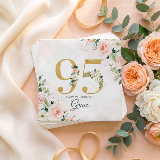 95th Birthday Napkins, Personalized Blush and Gold Floral - Pretty Gifted