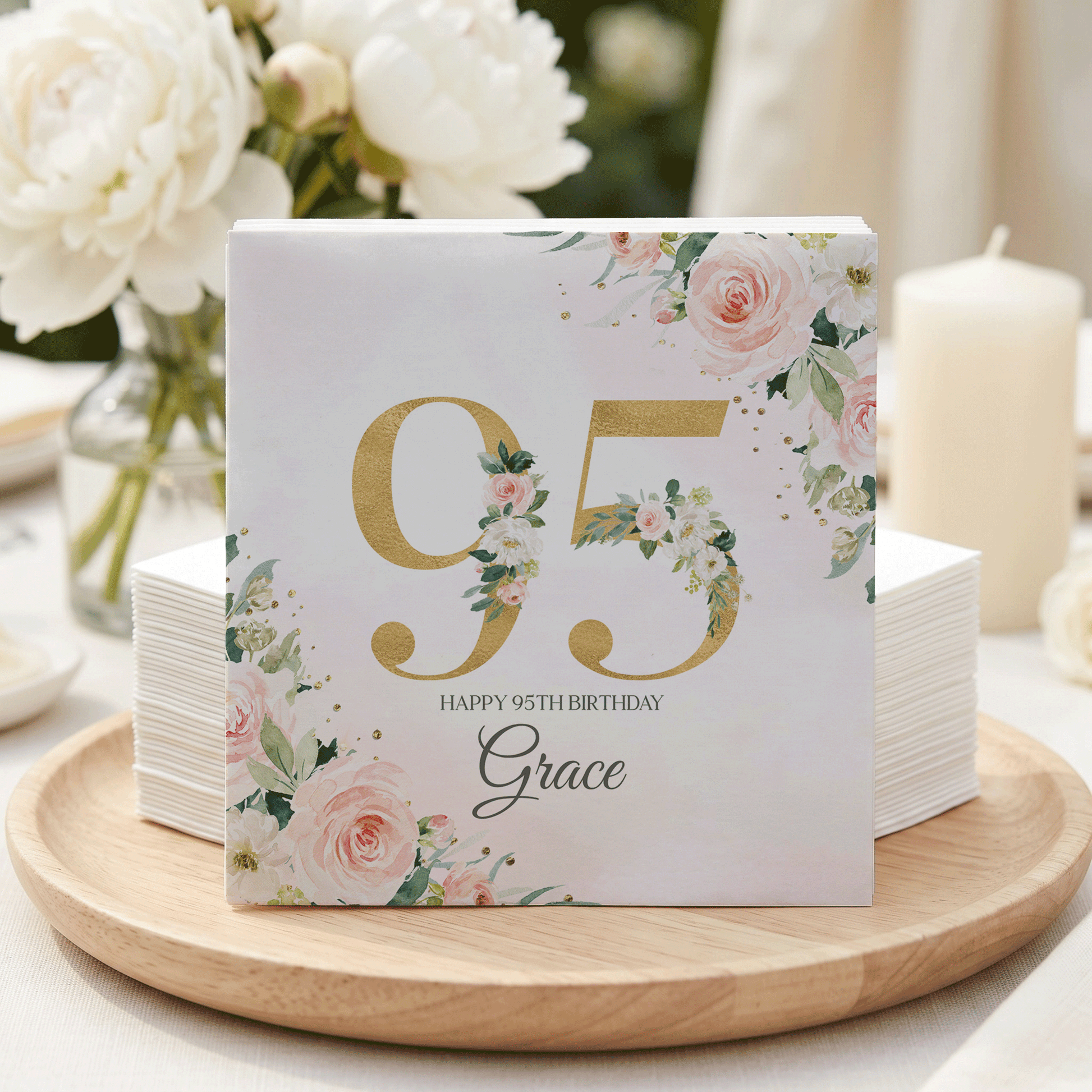 95th Birthday Napkins, Personalized Blush and Gold Floral - Pretty Gifted