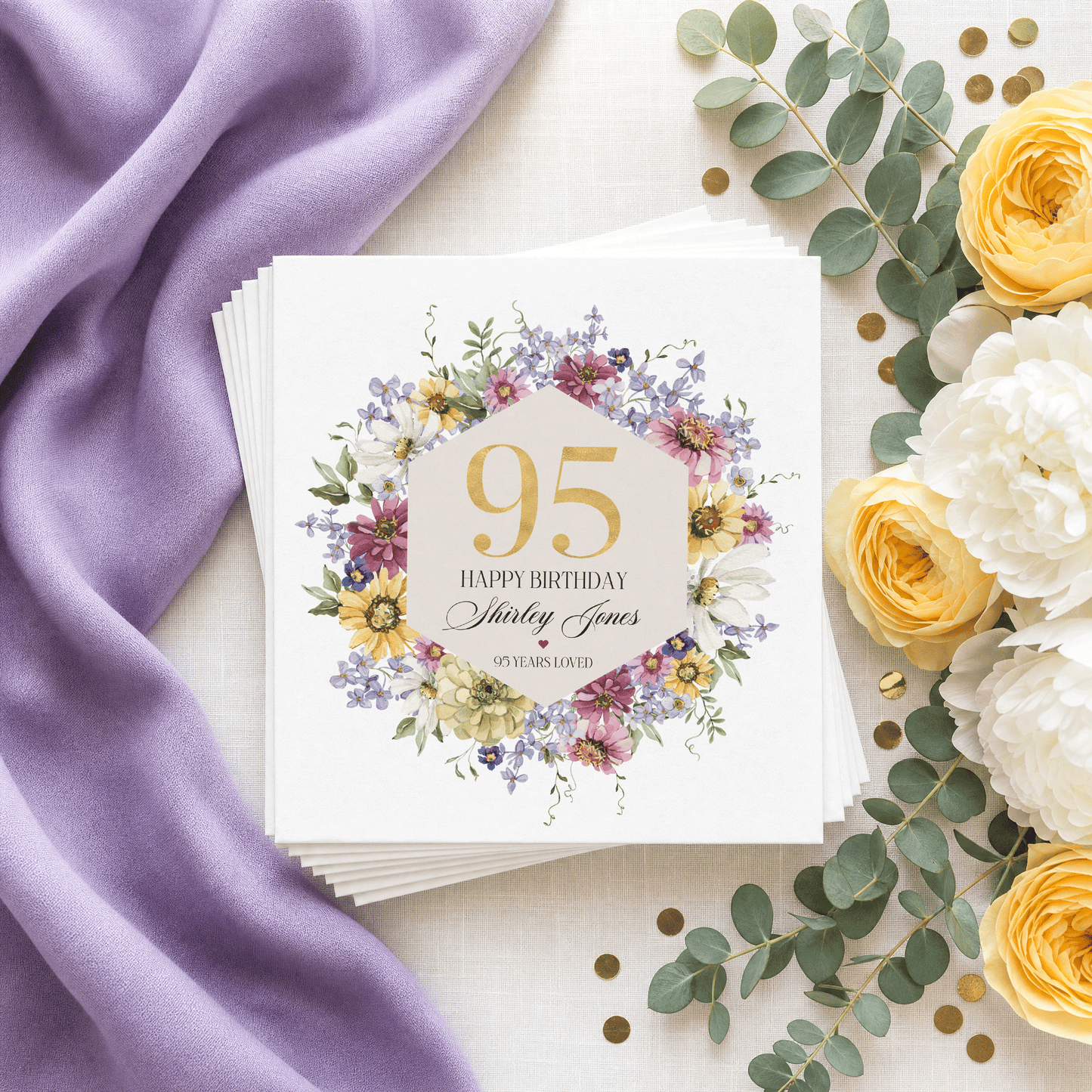 95th Birthday Napkins, Wildflower Hexagon Gold, Personalized - Pretty Gifted