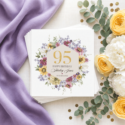 95th Birthday Napkins, Wildflower Hexagon Gold, Personalized - Pretty Gifted