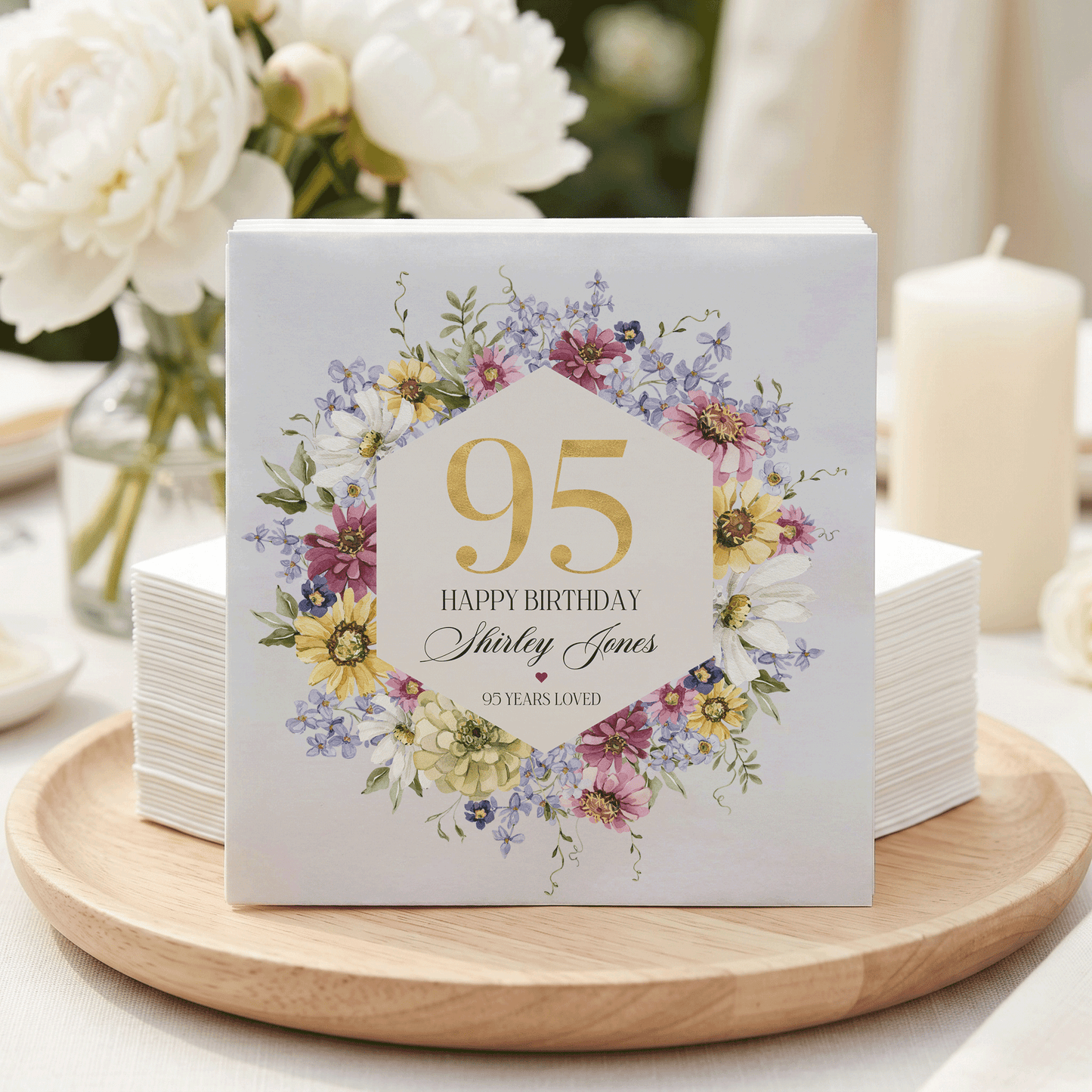 95th Birthday Napkins, Wildflower Hexagon Gold, Personalized - Pretty Gifted