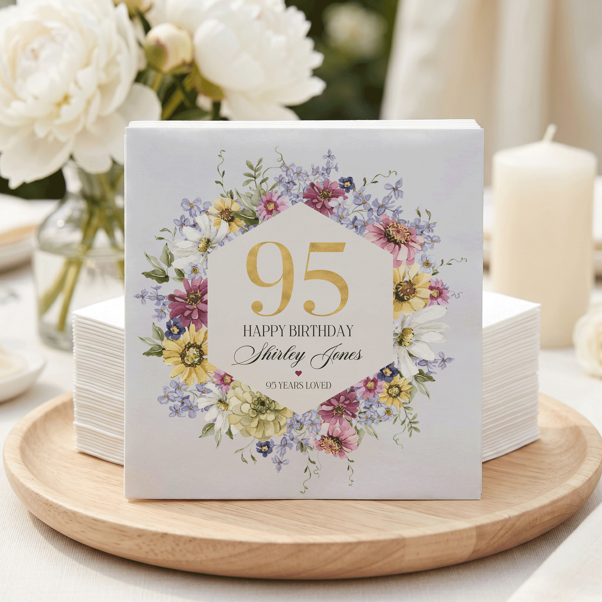 95th Birthday Napkins, Wildflower Hexagon Gold, Personalized - Pretty Gifted