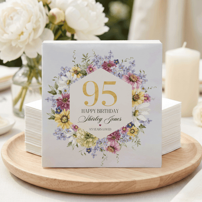 95th Birthday Napkins, Wildflower Hexagon Gold, Personalized - Pretty Gifted
