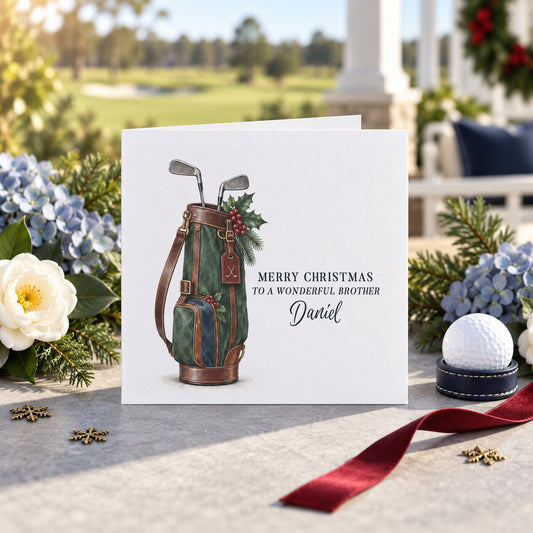 Brother Christmas Card with Personalized Golf Bag Artwork