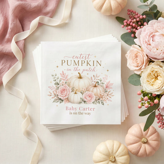Blush pink baby shower napkin with cream pumpkins, pink roses, autumn leaves and personalized wording