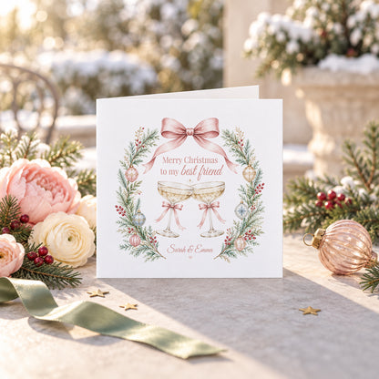 Personalized Best Friend Christmas Card · Pink Bows & Champagne