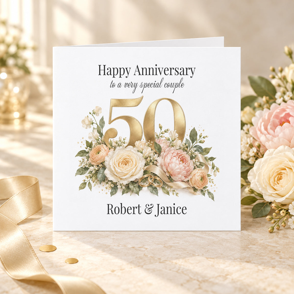 50th Anniversary Card, Personalized Blush and Gold Florals