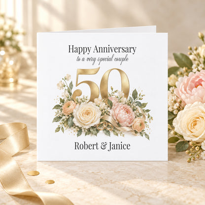 50th Anniversary Card, Personalized Blush and Gold Florals