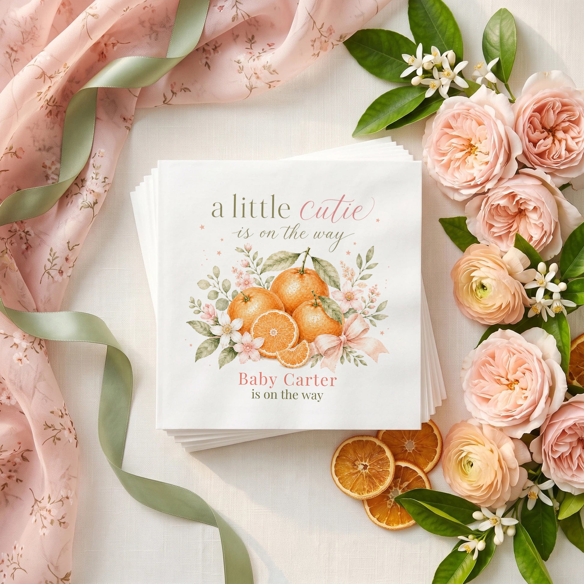 Pink citrus baby shower napkin with clementines, cherry blossom, blush bow and personalized wording