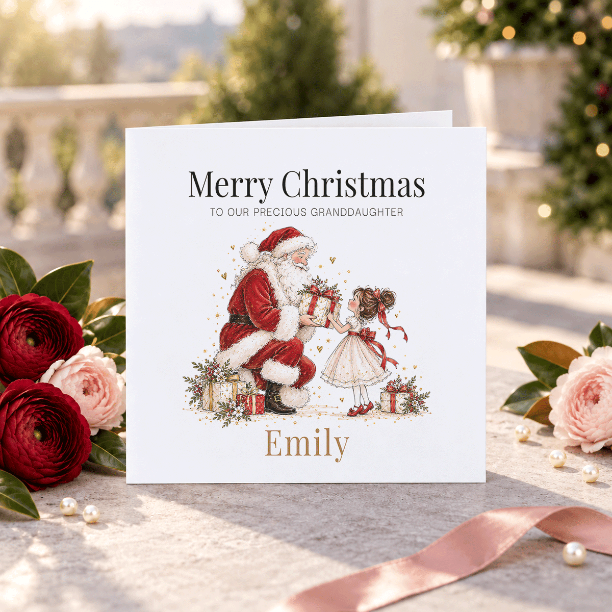 Granddaughter Christmas card with a whimsical Santa giving a wrapped Christmas present to a little girl, personalized with her name.