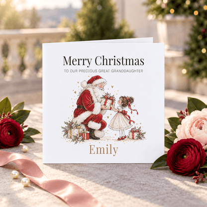 Personalized great granddaughter Christmas greeting card featuring Santa offering a wrapped gift to a young girl, surrounded by festive flowers and presents.