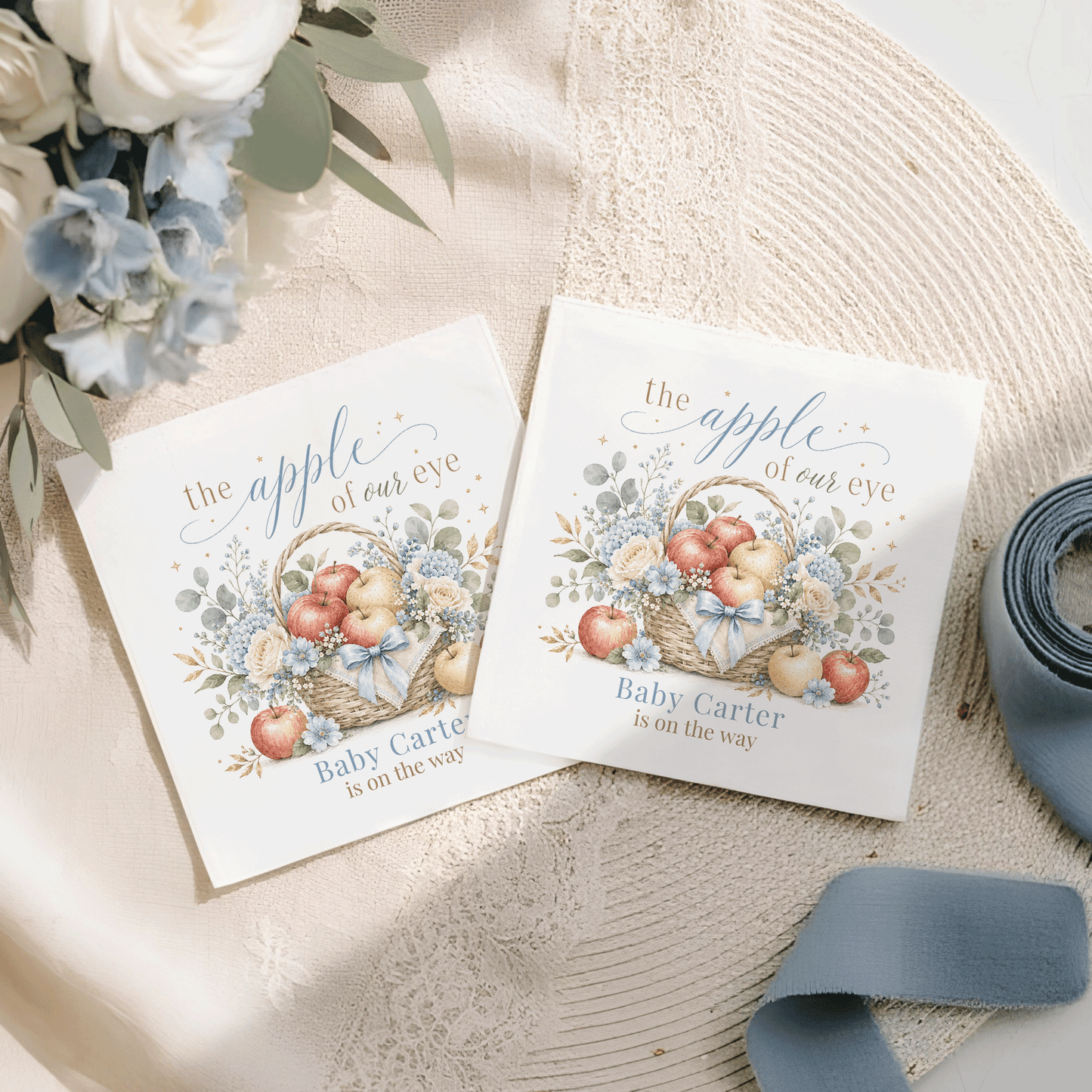 Two cards with "the apple of our eye" and "Baby Carter is on the way" text.