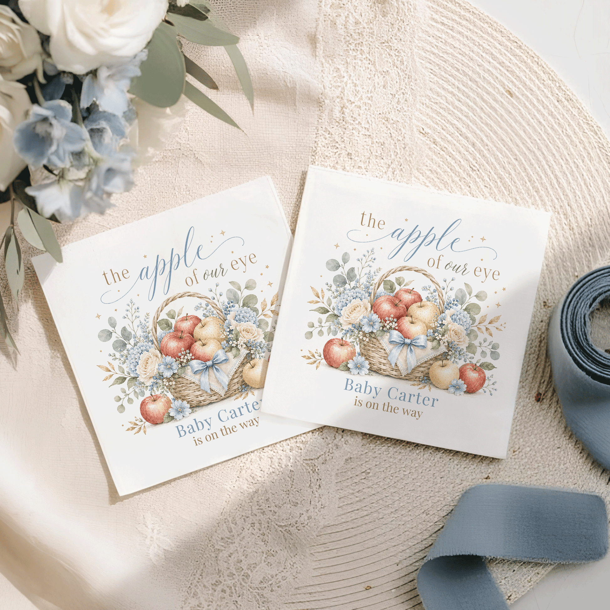 Two cards with "the apple of our eye" and "Baby Carter is on the way" text.