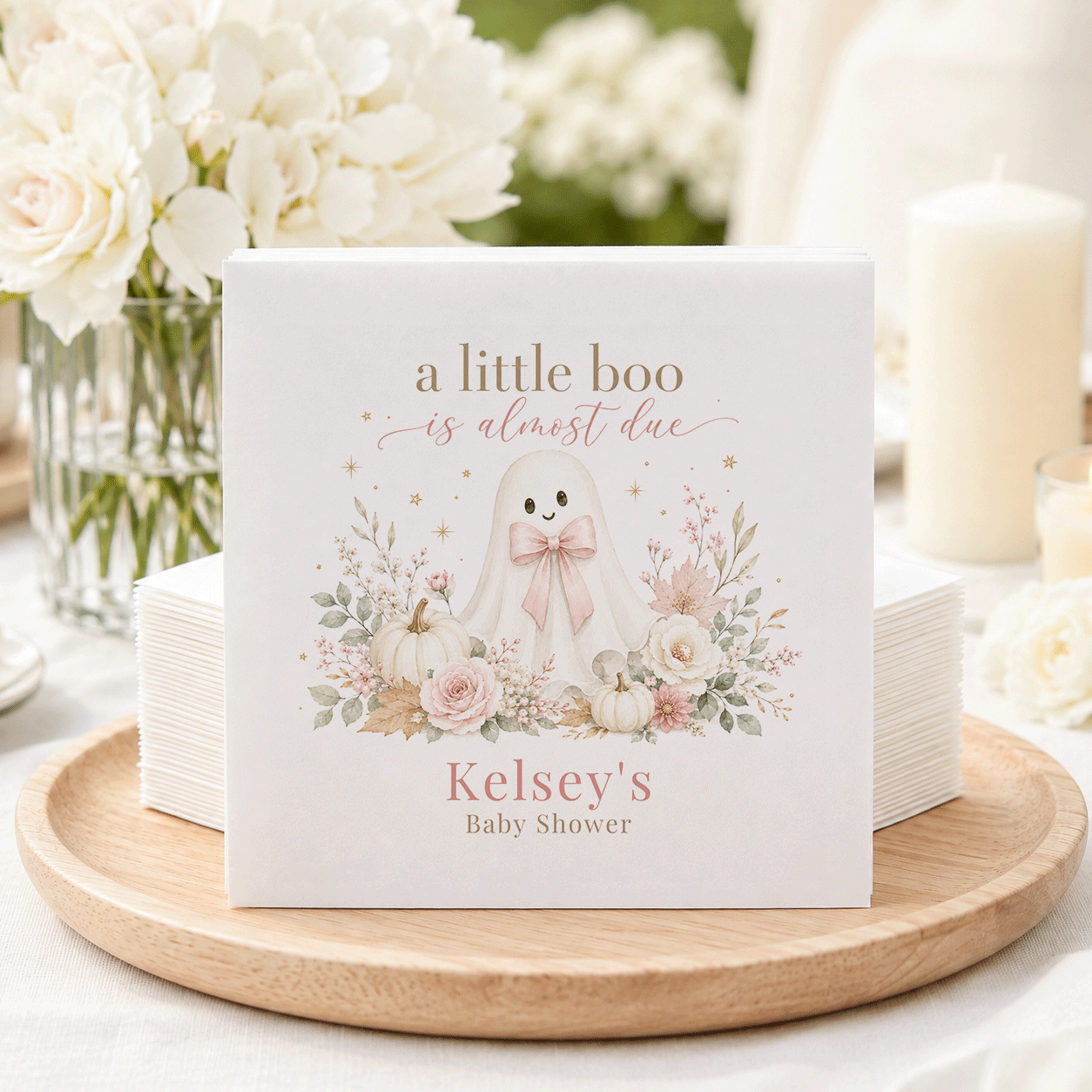 "A little boo is almost due" baby shower napkins with ghost and pumpkin design.