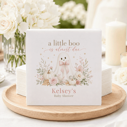 "A little boo is almost due" baby shower napkins with ghost and pumpkin design.