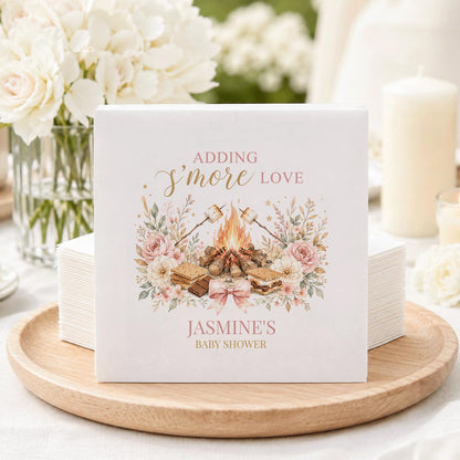 Adding S'more Love Baby Shower Napkins, Pink Campfire - Pretty Gifted