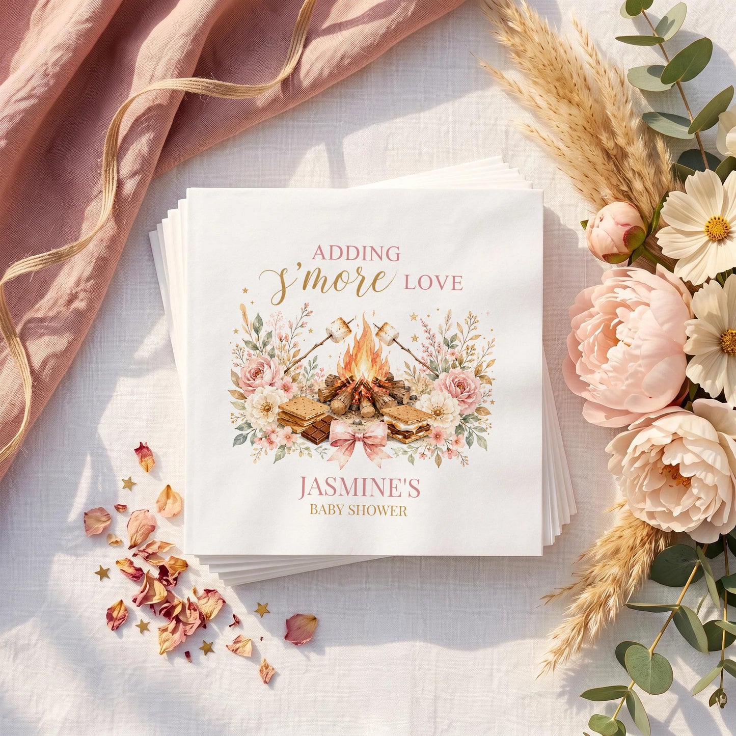 Adding S'more Love Baby Shower Napkins, Pink Campfire - Pretty Gifted