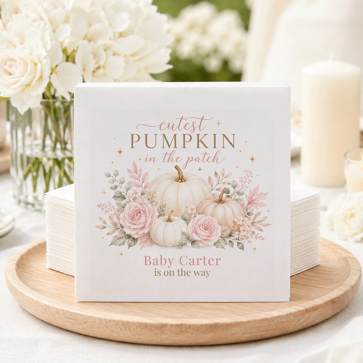 Napkins with "cutest pumpkin in the patch" and "Baby Carter is on the way" text.