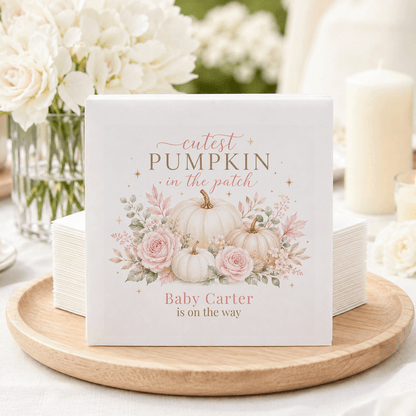 Napkins with "cutest pumpkin in the patch" and "Baby Carter is on the way" text.