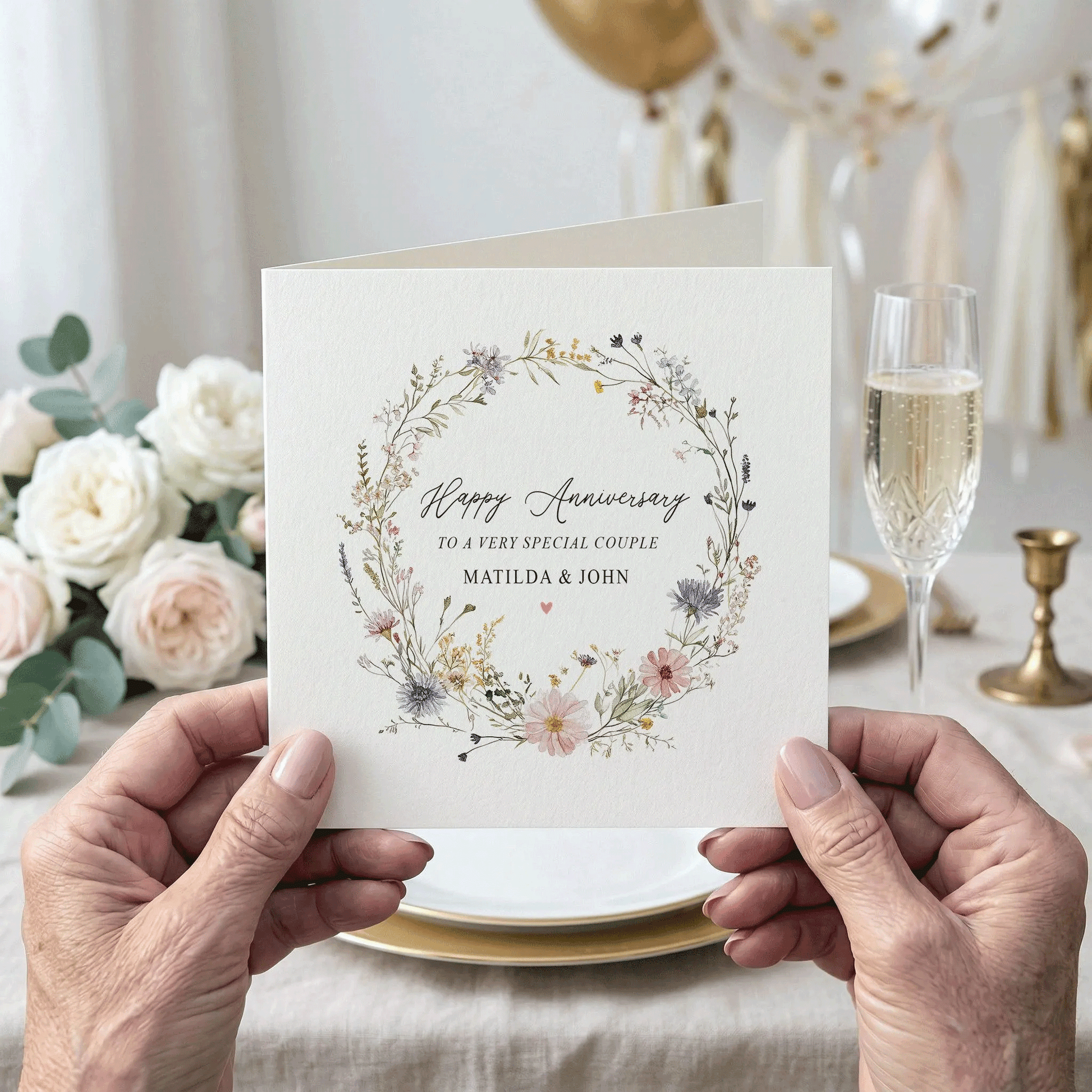 Anniversary Card, Wildflower Wreath Personalized Couple Gift - Pretty Gifted