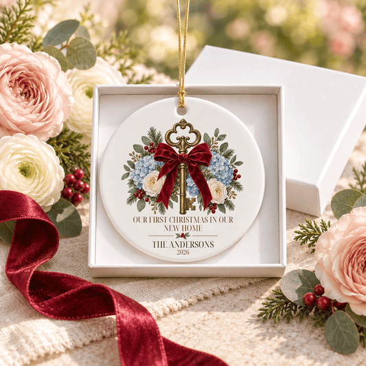 Antique Key & Hydrangea First Christmas in New Home Ornament - Pretty Gifted