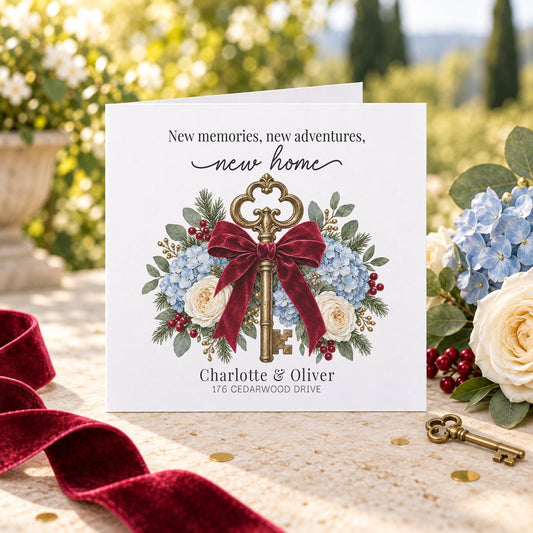 Antique Key & Hydrangea Personalized New Home Card - Pretty Gifted