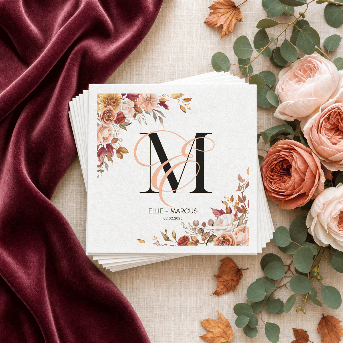 Autumn Floral Monogram Personalized Wedding Napkins - Pretty Gifted