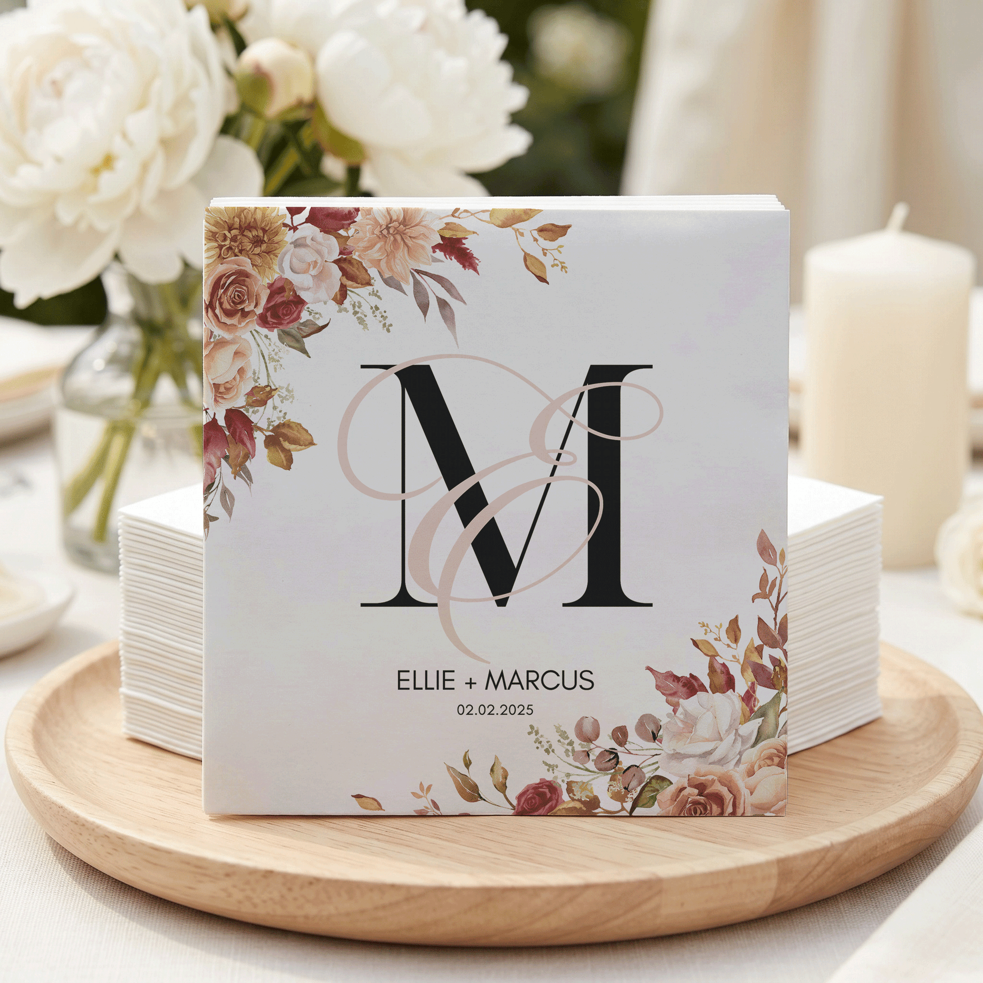 Autumn Wedding Napkins, Monogram Floral, Personalized Couples - Pretty Gifted