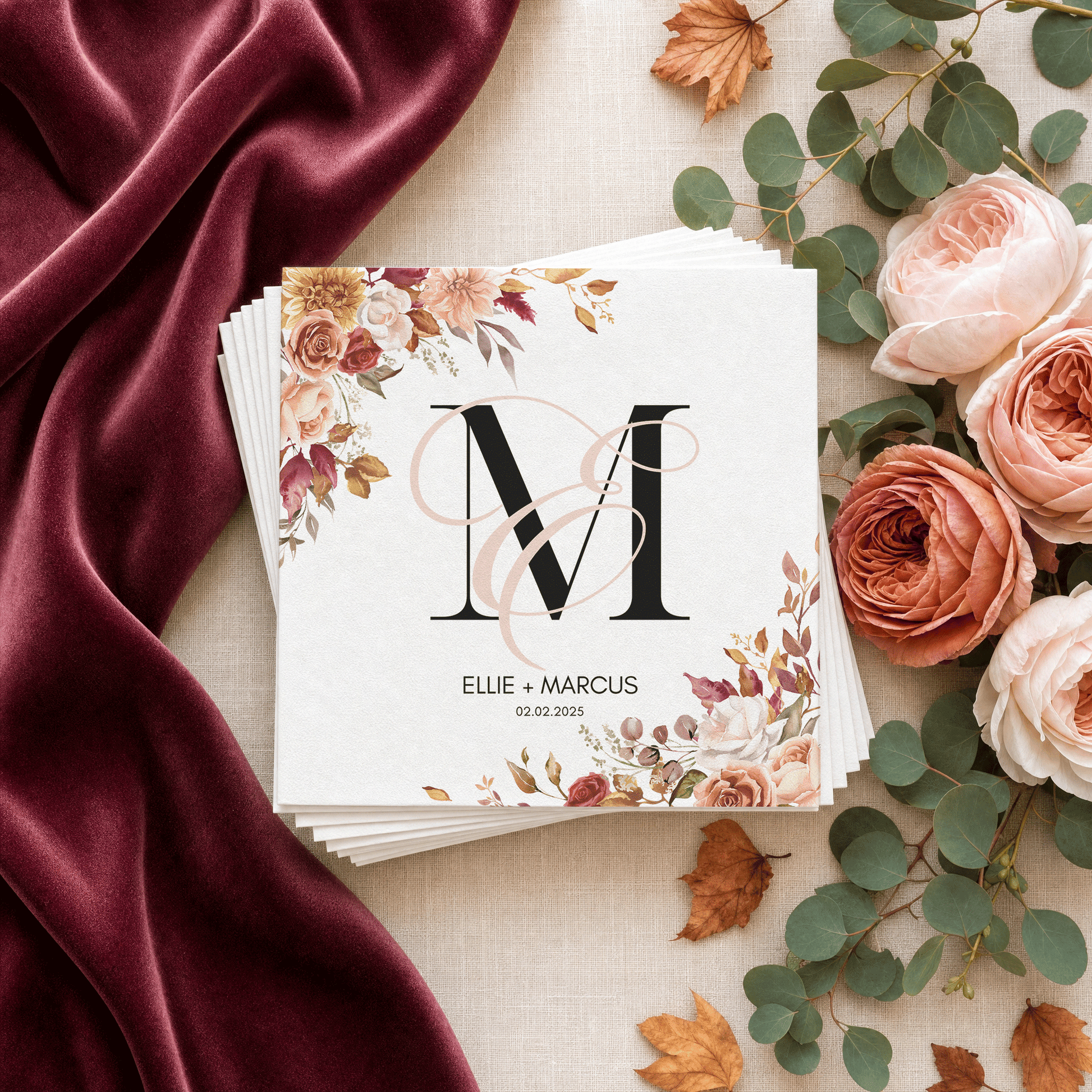Autumn Wedding Napkins, Monogram Floral, Personalized Couples - Pretty Gifted