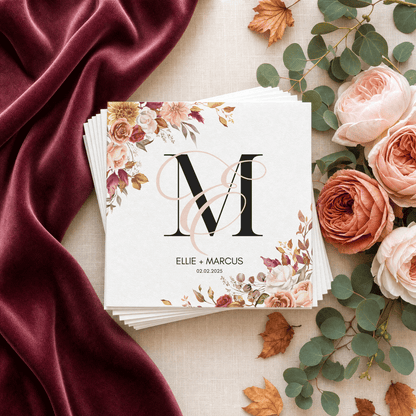 Autumn Wedding Napkins, Monogram Floral, Personalized Couples - Pretty Gifted