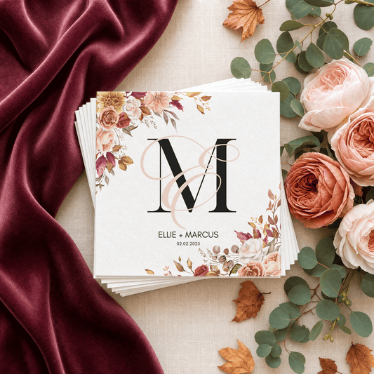 Autumn Wedding Napkins, Monogram Floral, Personalized Couples - Pretty Gifted