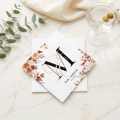 Autumn Wedding Napkins, Monogram Floral, Personalized Couples - Pretty Gifted