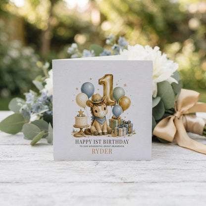 Baby Boy 1st Birthday Card | Great Grandson Cowboy - Pretty Gifted