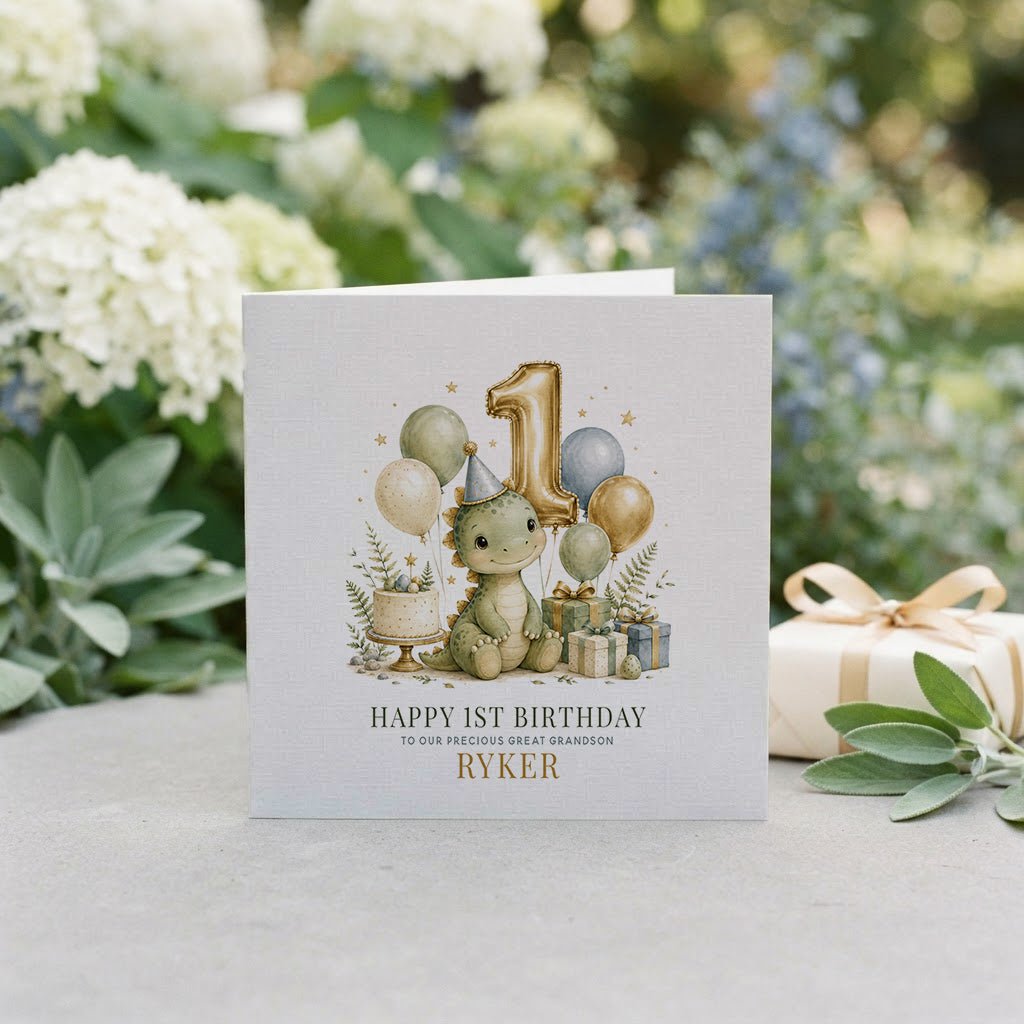 Baby Boy 1st Birthday Card | Great Grandson Dino - Pretty Gifted