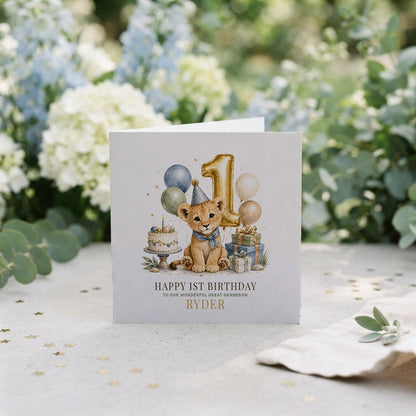 Baby Boy 1st Birthday Card | Great Grandson Lion Cub - Pretty Gifted