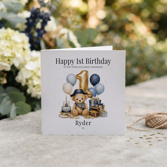 Baby Boy 1st Birthday Card | Great Grandson Pirate Bear - Pretty Gifted