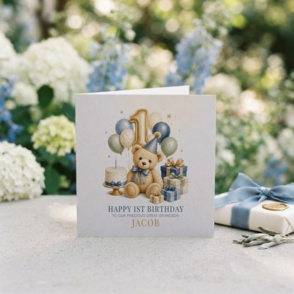 Baby Boy 1st Birthday Card | Great Grandson Teddy Bear - Pretty Gifted