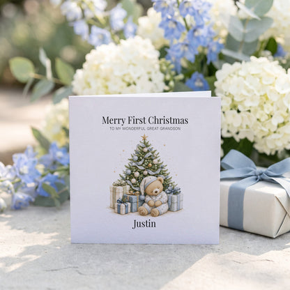Baby Boy 1st Christmas Card | Great Grandson Teddy Bear - Pretty Gifted