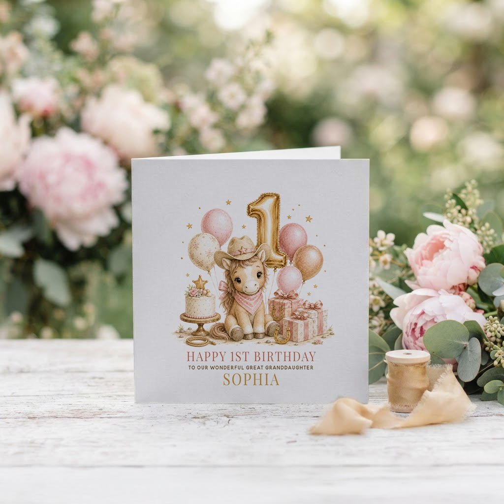 Baby Girl 1st Birthday Card | Great Granddaughter Cowgirl - Pretty Gifted