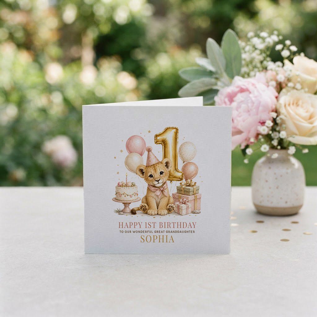 Baby Girl 1st Birthday Card | Great Granddaughter Lion Cub - Pretty Gifted