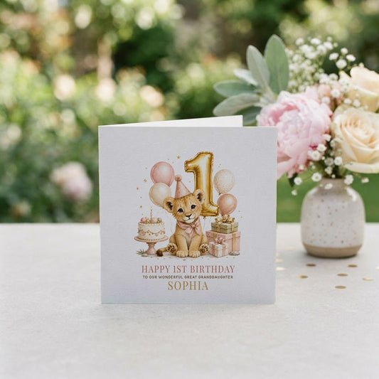 Baby Girl 1st Birthday Card | Great Granddaughter Lion Cub - Pretty Gifted