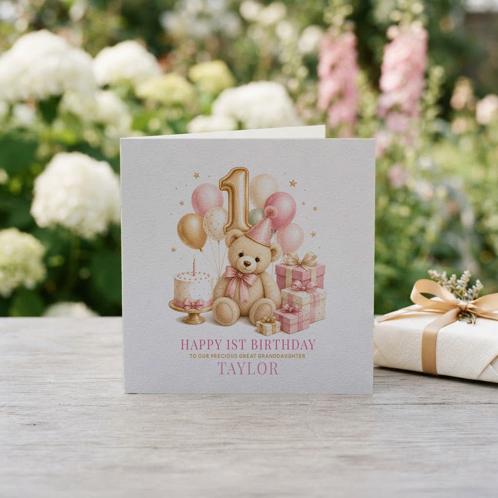 Baby Girl 1st Birthday Card | Great Granddaughter Teddy Bear - Pretty Gifted