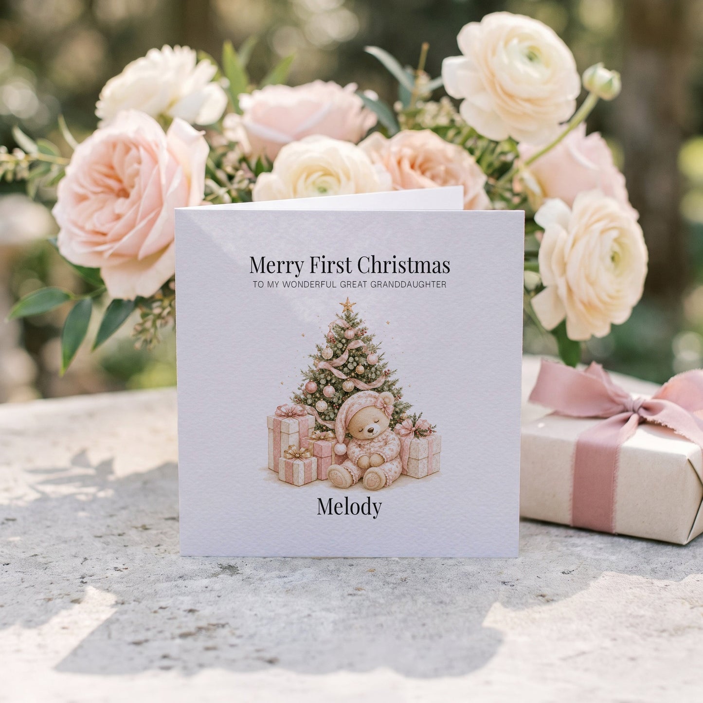 Baby Girl 1st Christmas Card | Great Granddaughter Teddy Bear - Pretty Gifted