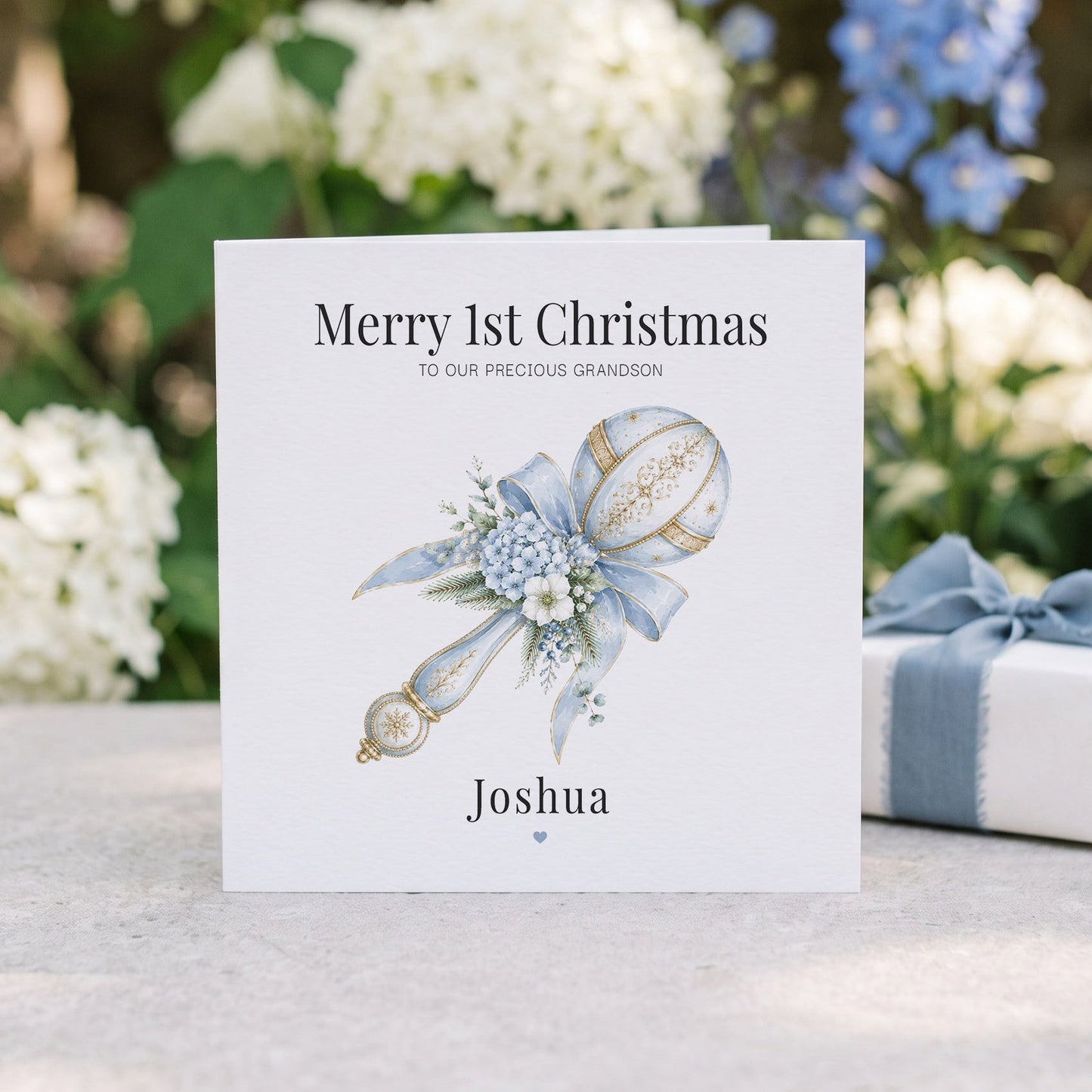 Baby Grandson First Christmas Card | Personalized Blue Keepsake - Pretty Gifted