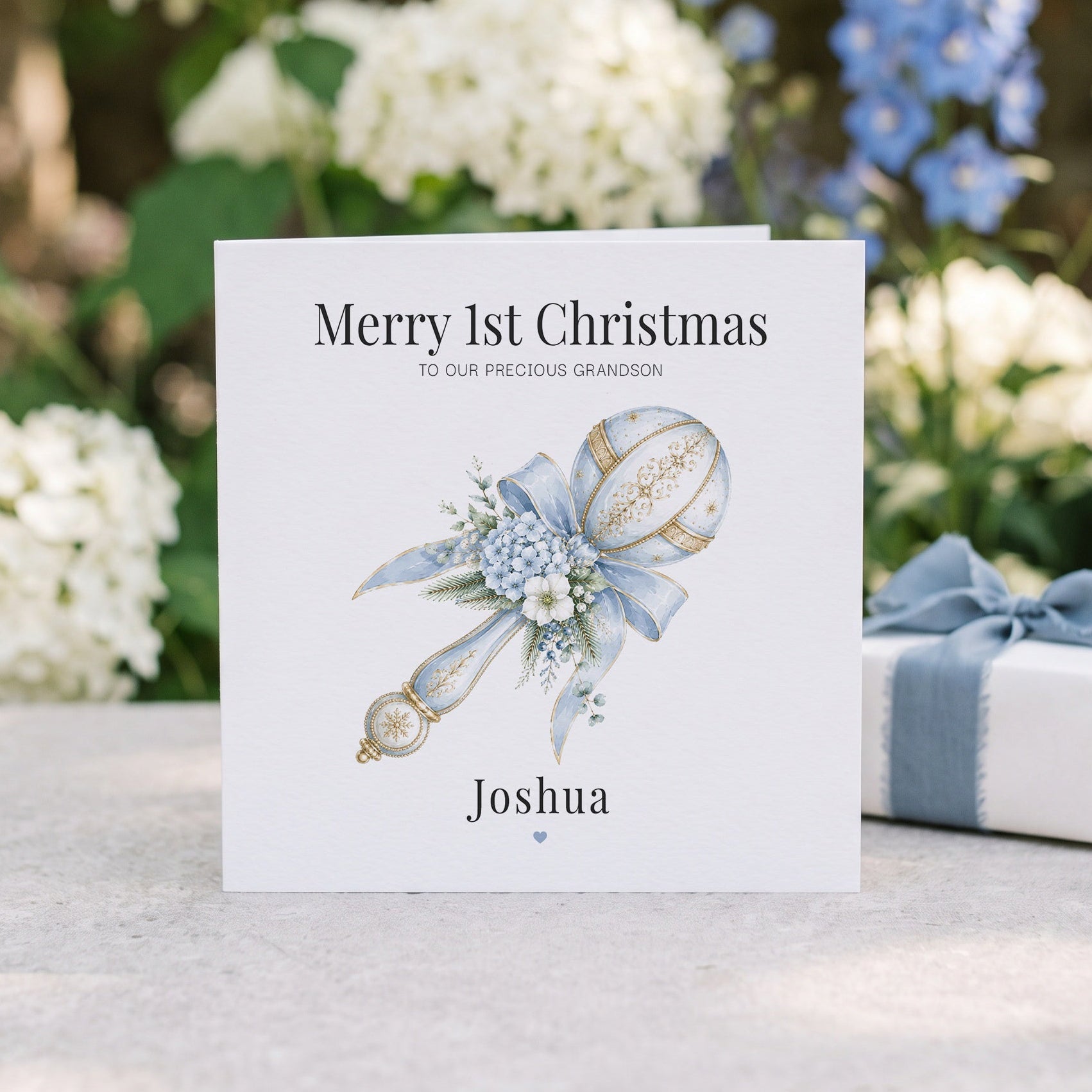 Baby Grandson First Christmas Card | Personalized Blue Keepsake - Pretty Gifted