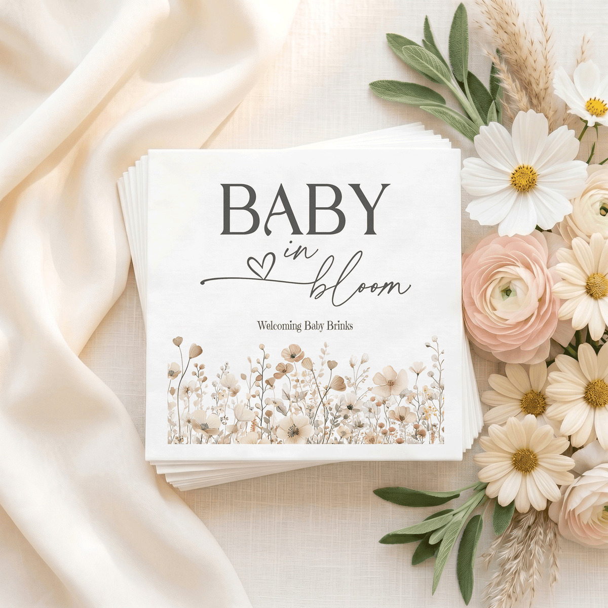 Baby in Bloom Napkins, Personalized Neutral Wildflowers - Pretty Gifted