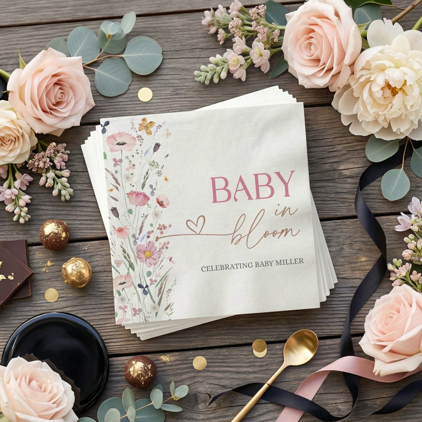 Baby in Bloom Napkins, Pink Wildflower Girl Baby Shower - Pretty Gifted